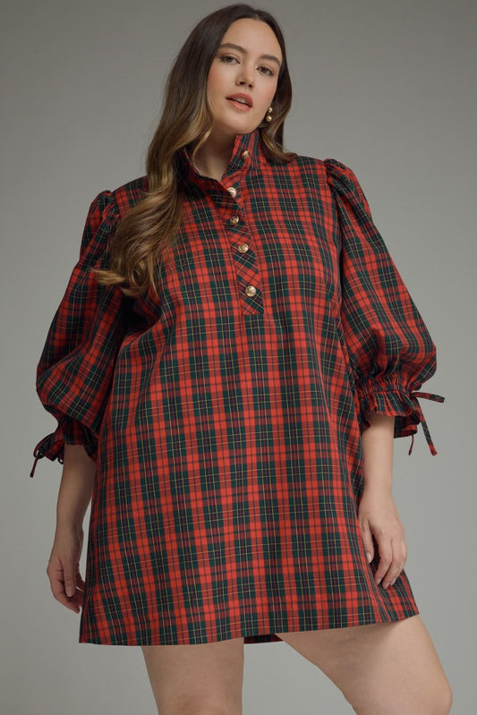Entro- Plus sized Plaid ¾ balloon sleeve mini dress featuring a stand neck and button closure at front