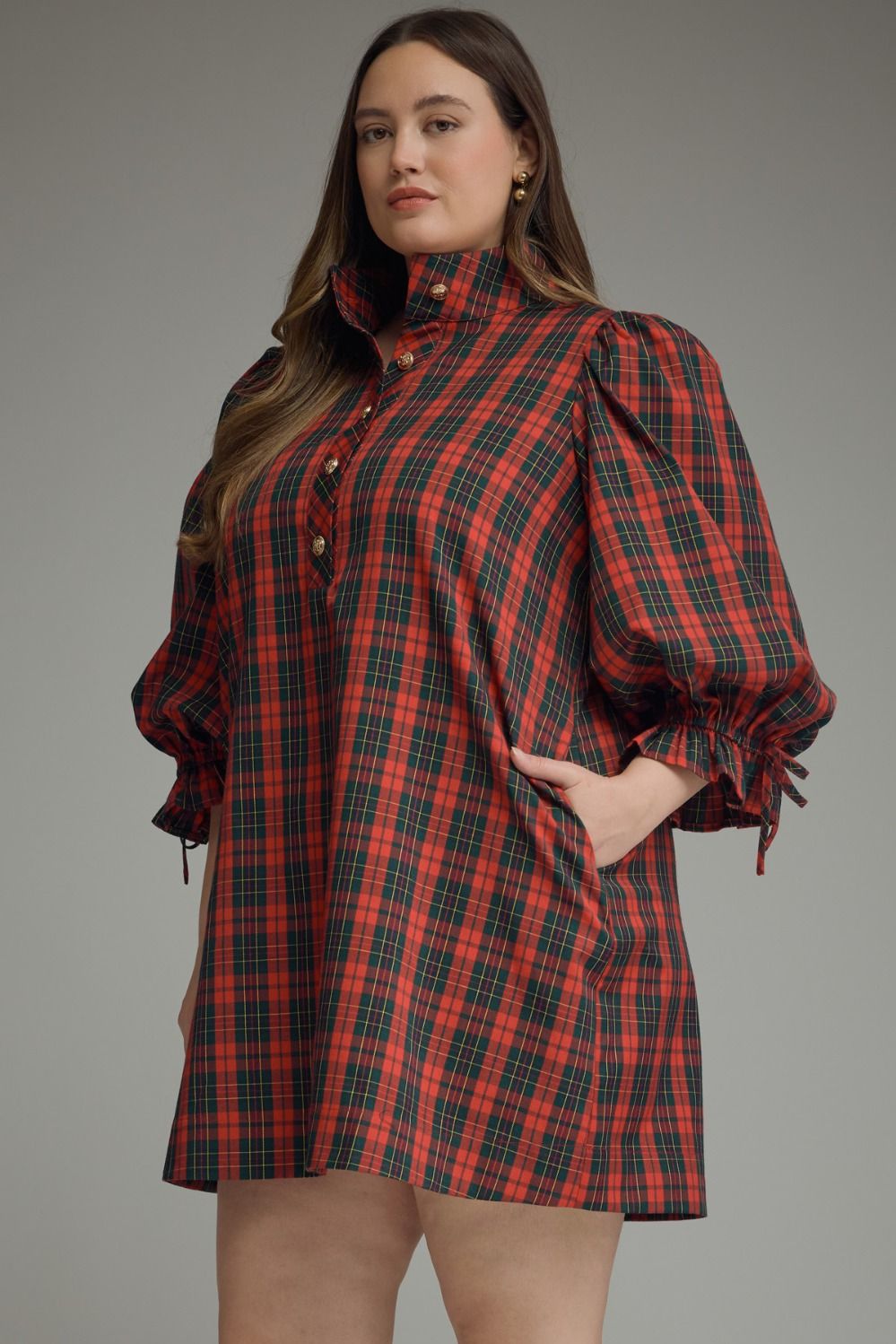 Entro- Plus sized Plaid ¾ balloon sleeve mini dress featuring a stand neck and button closure at front