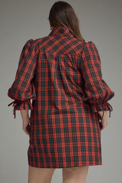 Entro- Plus sized Plaid ¾ balloon sleeve mini dress featuring a stand neck and button closure at front