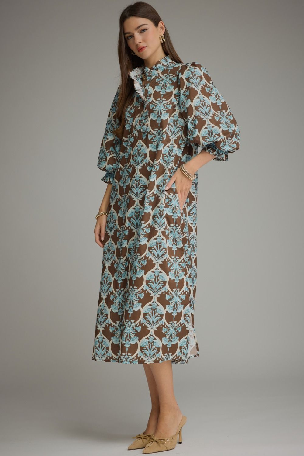 Entro-Plus Printed ¾ balloon sleeve midi dress with a ruffle collar and partial button closure at front