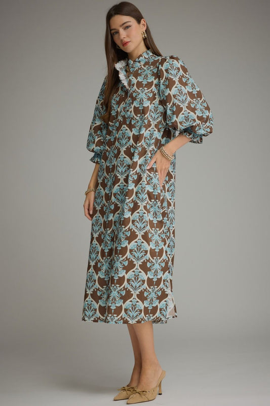 Entro-Plus Printed ¾ balloon sleeve midi dress with a ruffle collar and partial button closure at front