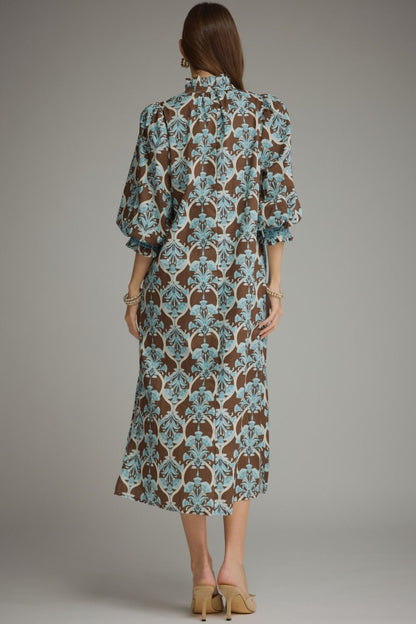 Entro-Plus Printed ¾ balloon sleeve midi dress with a ruffle collar and partial button closure at front