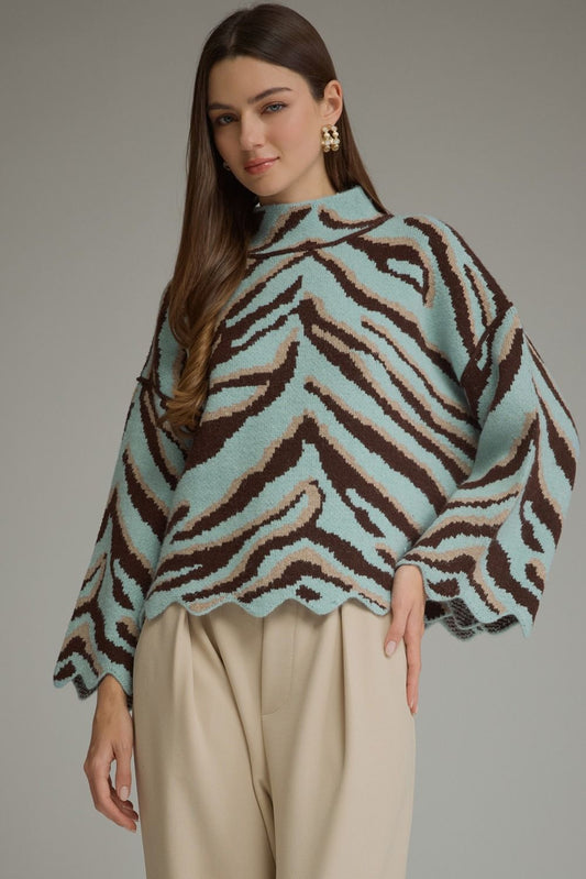 Entro-Animal print long sleeve knit top with mock neckline and scallop trim