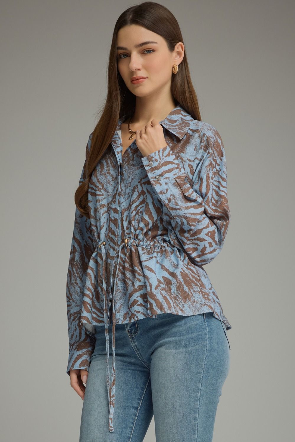 Entro-Animal print long sleeve top with a shirt collar