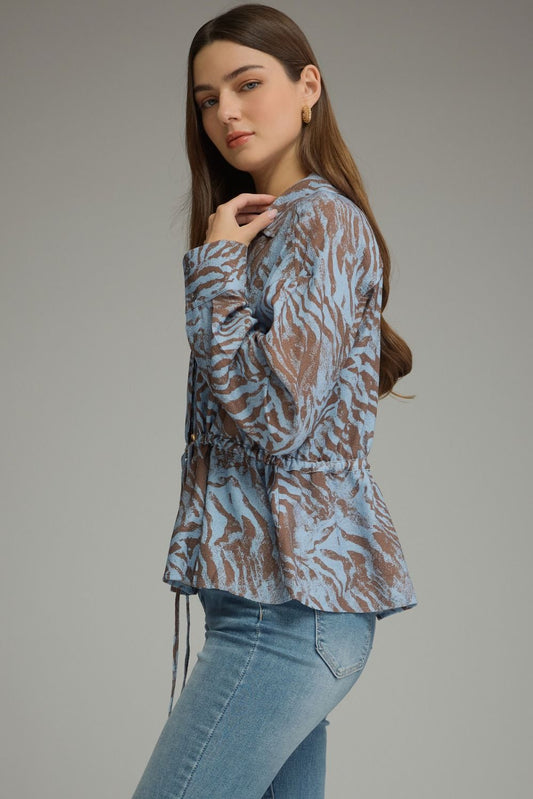 Entro-Animal print long sleeve top with a shirt collar
