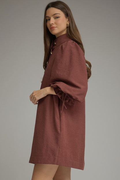 Entro-Solid ¾ balloon sleeve mini dress featuring a stand neck and button closure at front