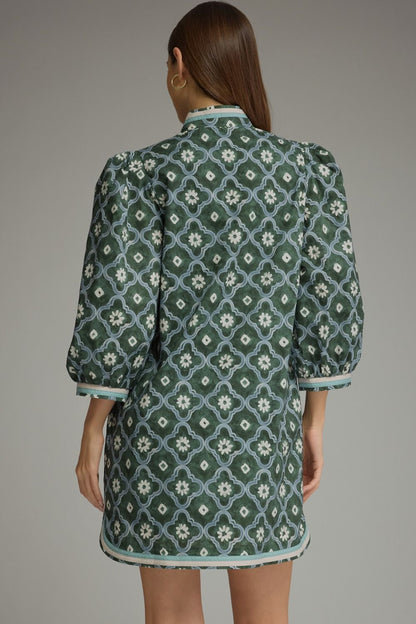 Entro-Print ¾ puff sleeve mini dress with a V-neckline and contrast trim detail