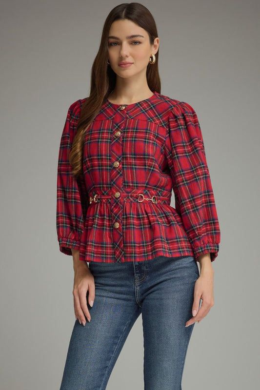 Entro- Plaid ¾ puff sleeve top with a round neckline and button closure at front