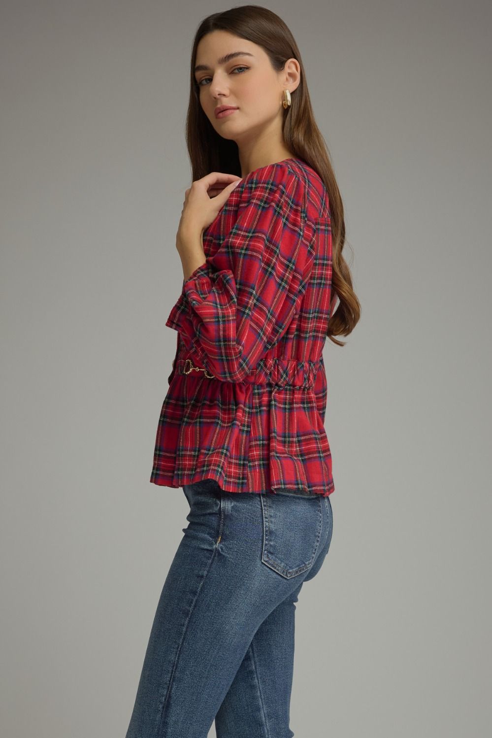 Entro- Plaid ¾ puff sleeve top with a round neckline and button closure at front
