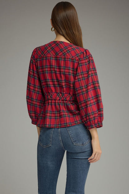 Entro- Plaid ¾ puff sleeve top with a round neckline and button closure at front