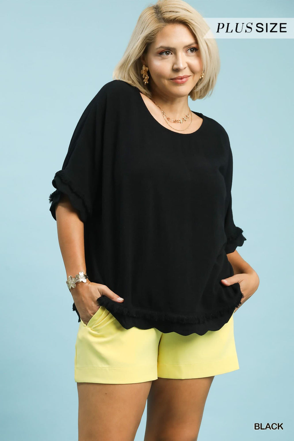 Plus Size Umgee Linen Frayed Hem Scallop Edge Top