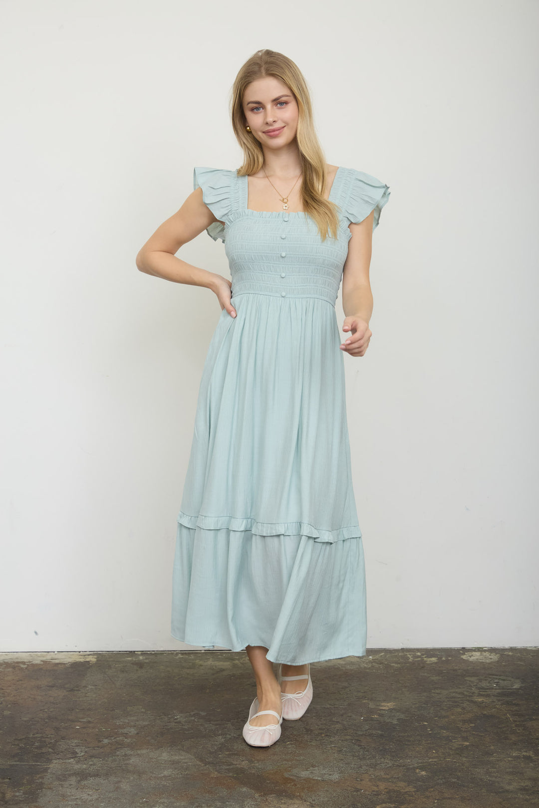 Blu Pepper MOCK BUTTON DOWN SMOCKED RUFFLE DETAIL MIDI DRESS