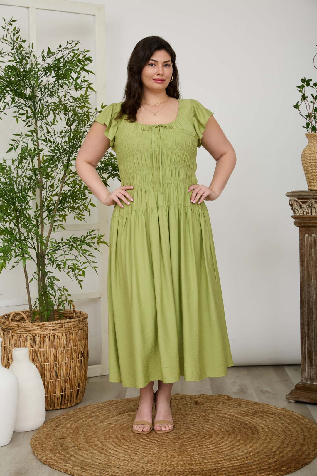 Plus Size Blu Pepper Shirred Bodice Ruffle Sleeve MIDI Dress