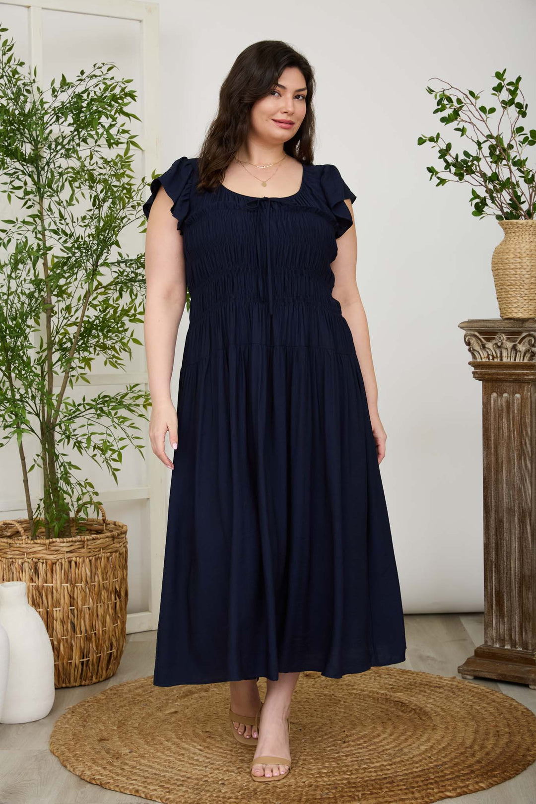 Plus Size Blu Pepper Shirred Bodice Ruffle Sleeve MIDI Dress