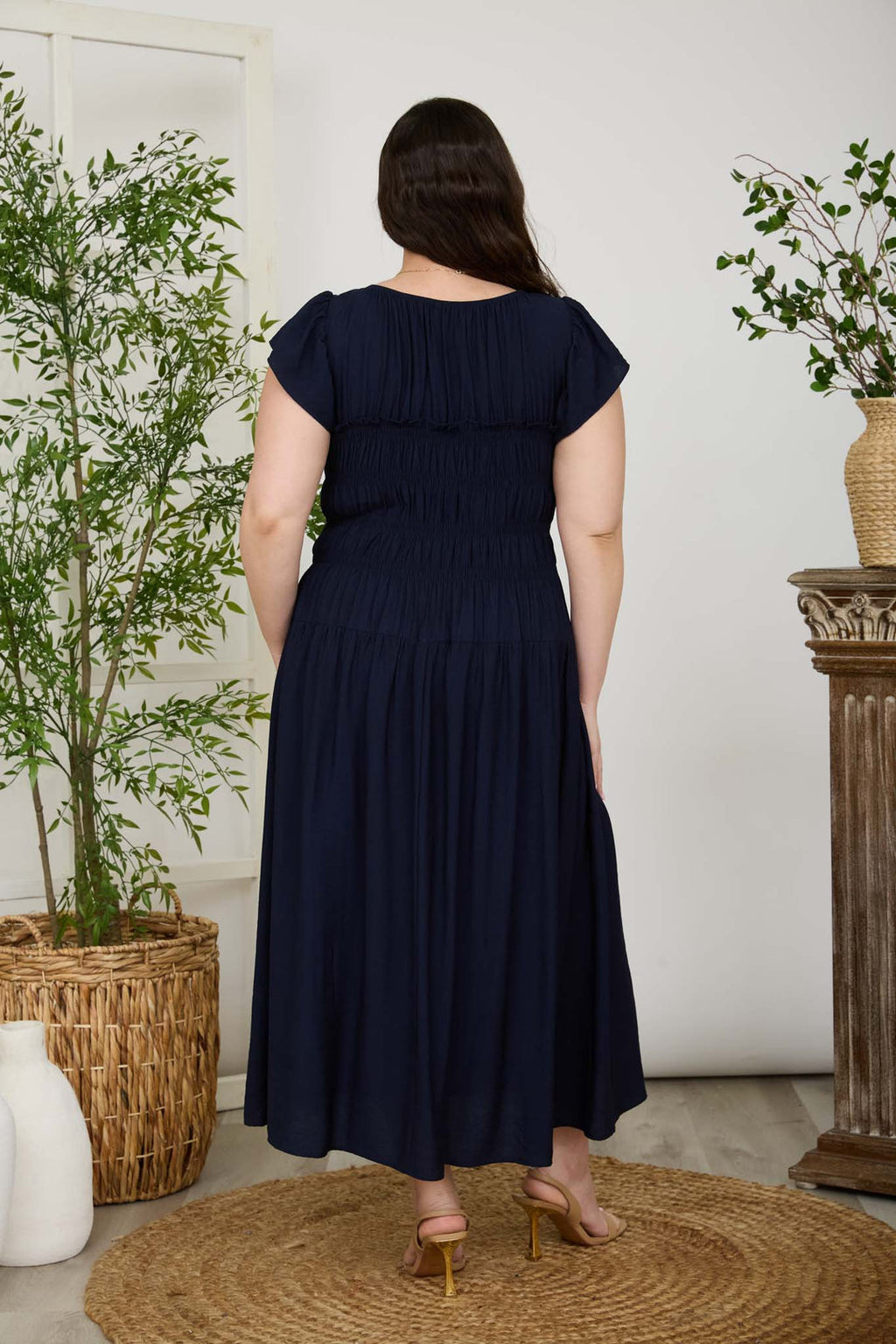 Plus Size Blu Pepper Shirred Bodice Ruffle Sleeve MIDI Dress