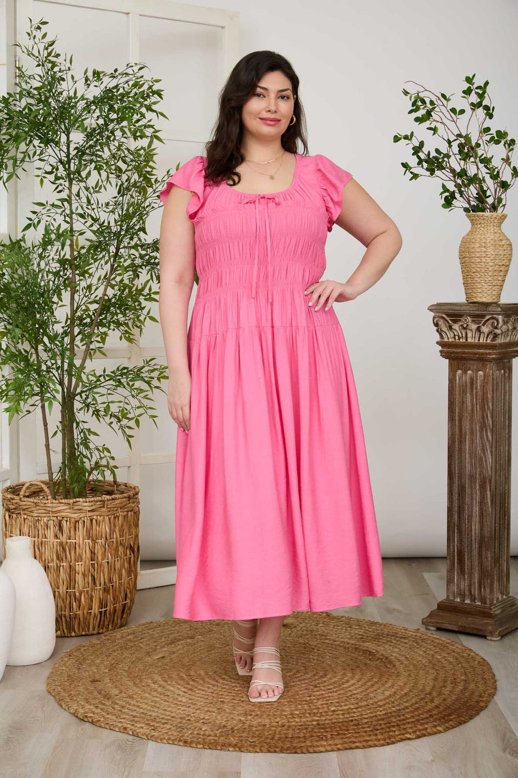 Plus Size Blu Pepper Shirred Bodice Ruffle Sleeve MIDI Dress