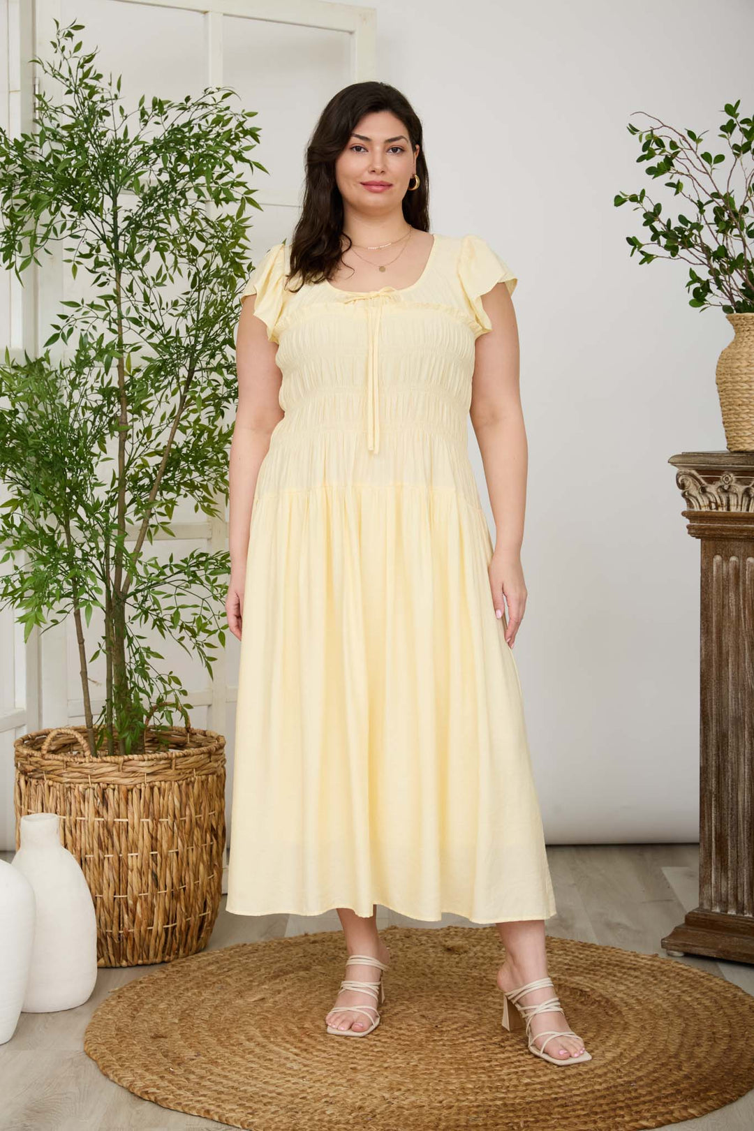 Plus Size Blu Pepper Shirred Bodice Ruffle Sleeve MIDI Dress