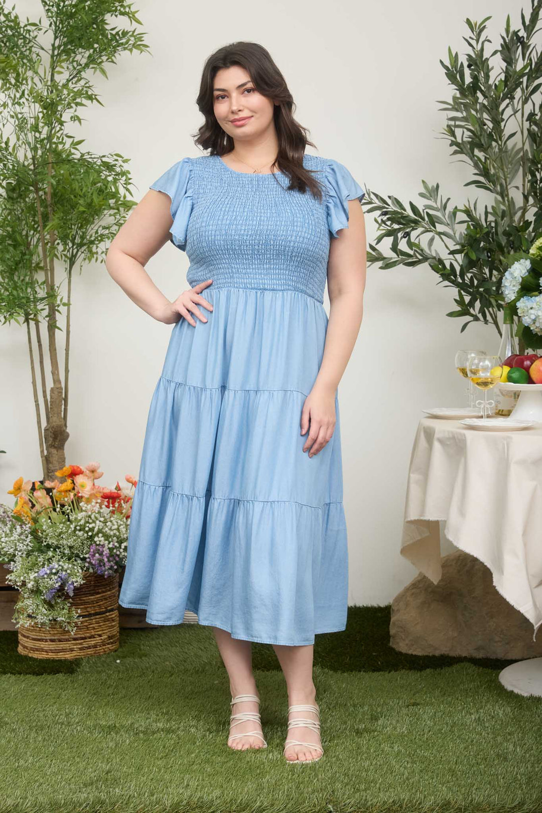 PLUS Size Blu Pepper CHAMBRAY SMOCKED TIERED MIDI DRESS
