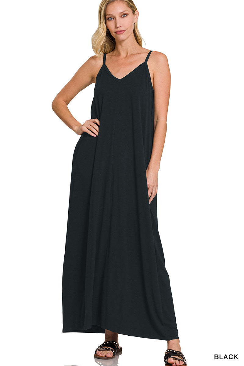 Zenana-V-NECK CAMI MAXI DRESS WITH SIDE POCKETS