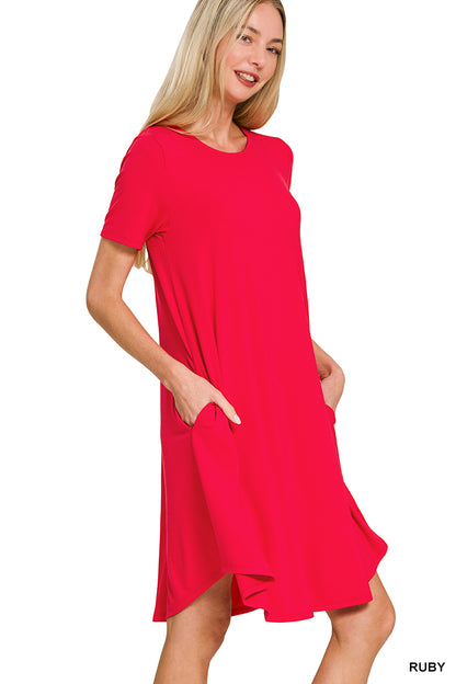 Zenana- SHORT SLEEVE ROUND HEM A-LINE DRESS - SIDE POCKETS