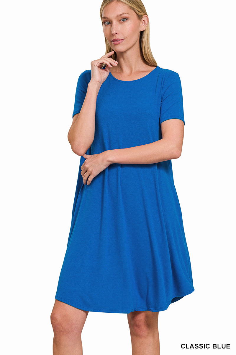 Zenana- SHORT SLEEVE ROUND HEM A-LINE DRESS - SIDE POCKETS