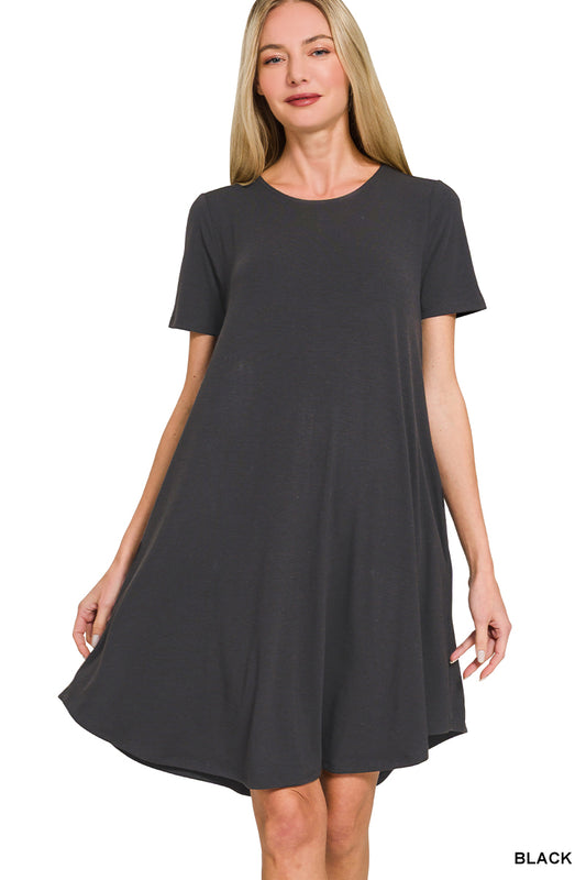 Zenana- SHORT SLEEVE ROUND HEM A-LINE DRESS - SIDE POCKETS