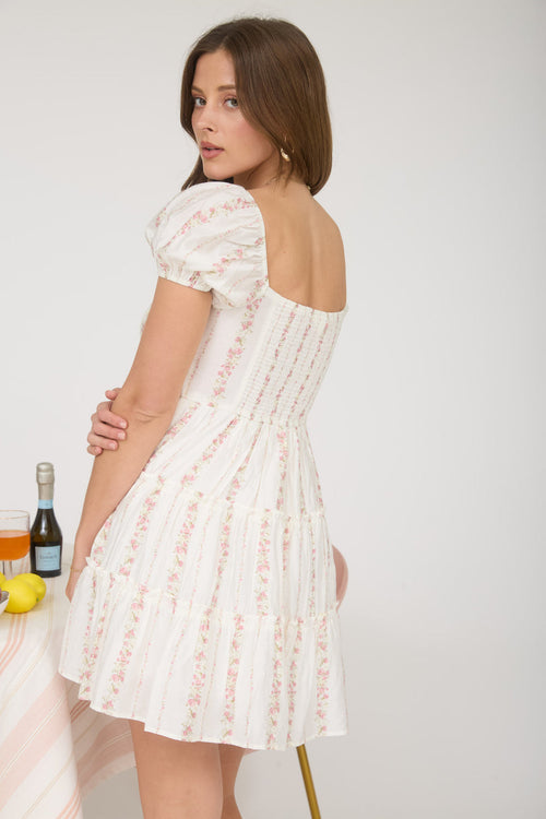 Blu Pepper STRIPE FLORAL PUFF SLEEVE TIERED MINI DRESS
