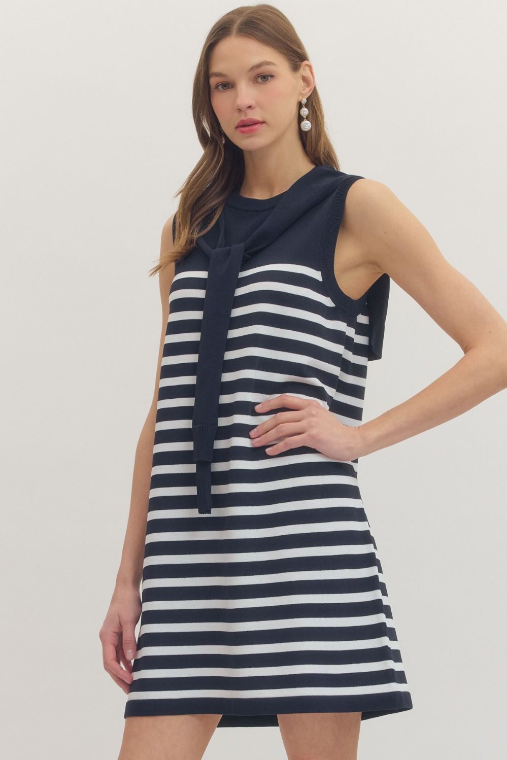 Entro Striped sleeveless mini dress featuring knit scarf tie detail at neckline.