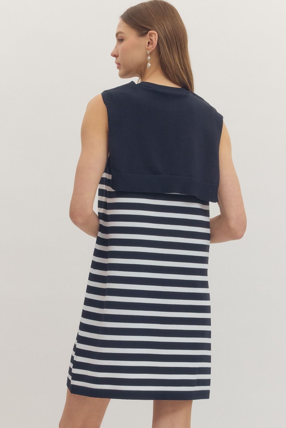 Entro Striped sleeveless mini dress featuring knit scarf tie detail at neckline.