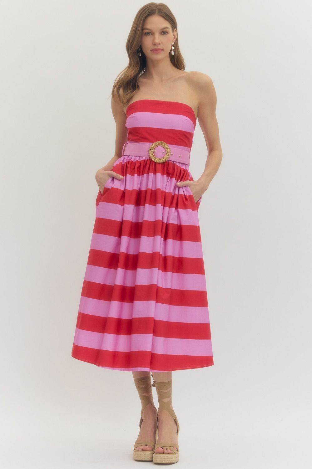 Entro Striped strapless midi dress.
