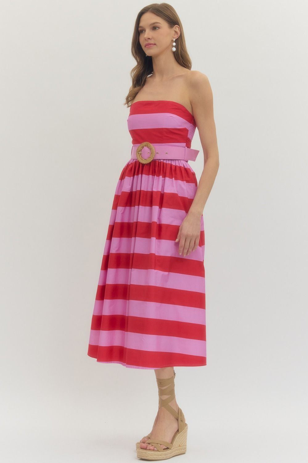 Entro Striped strapless midi dress.