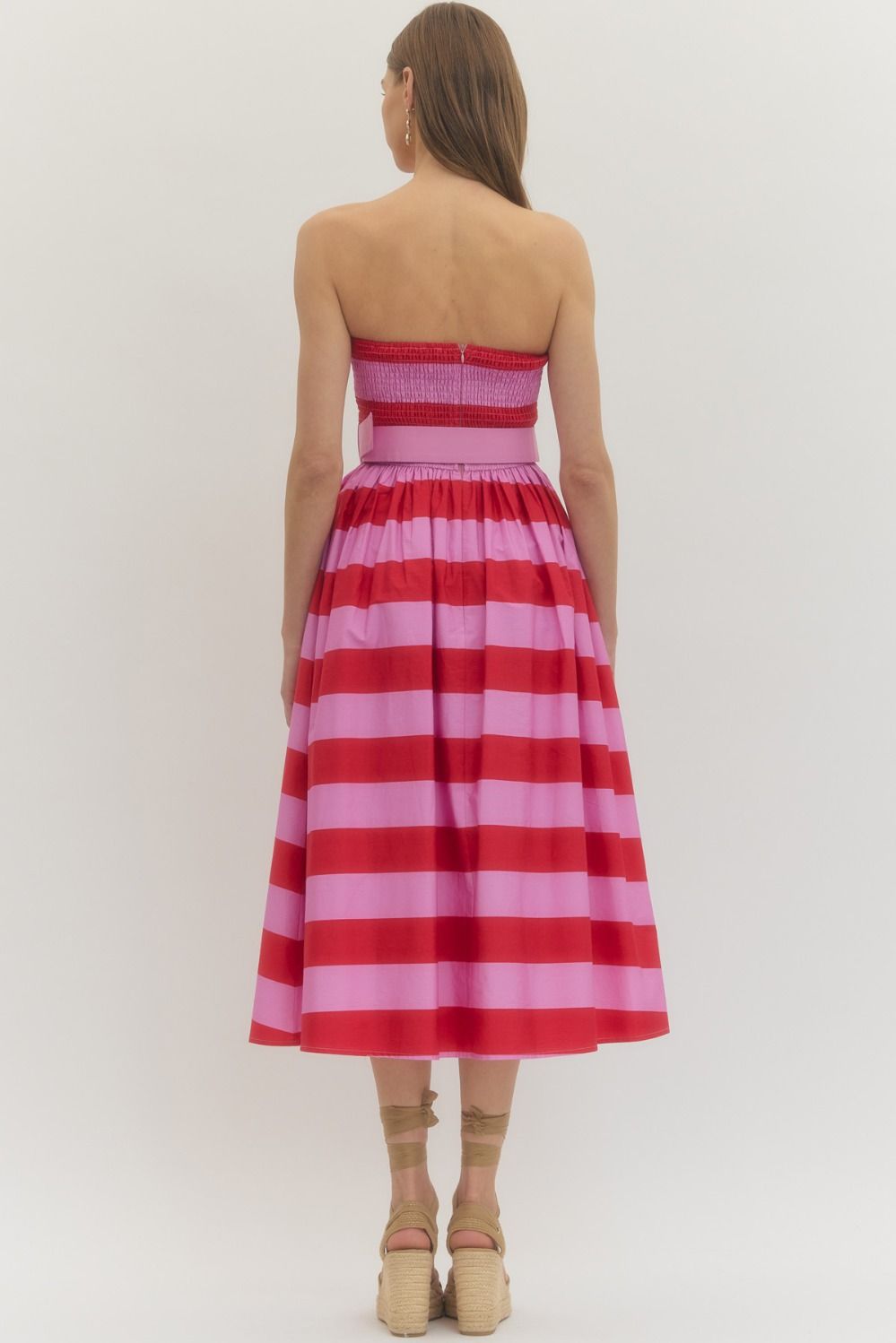 Entro Striped strapless midi dress.