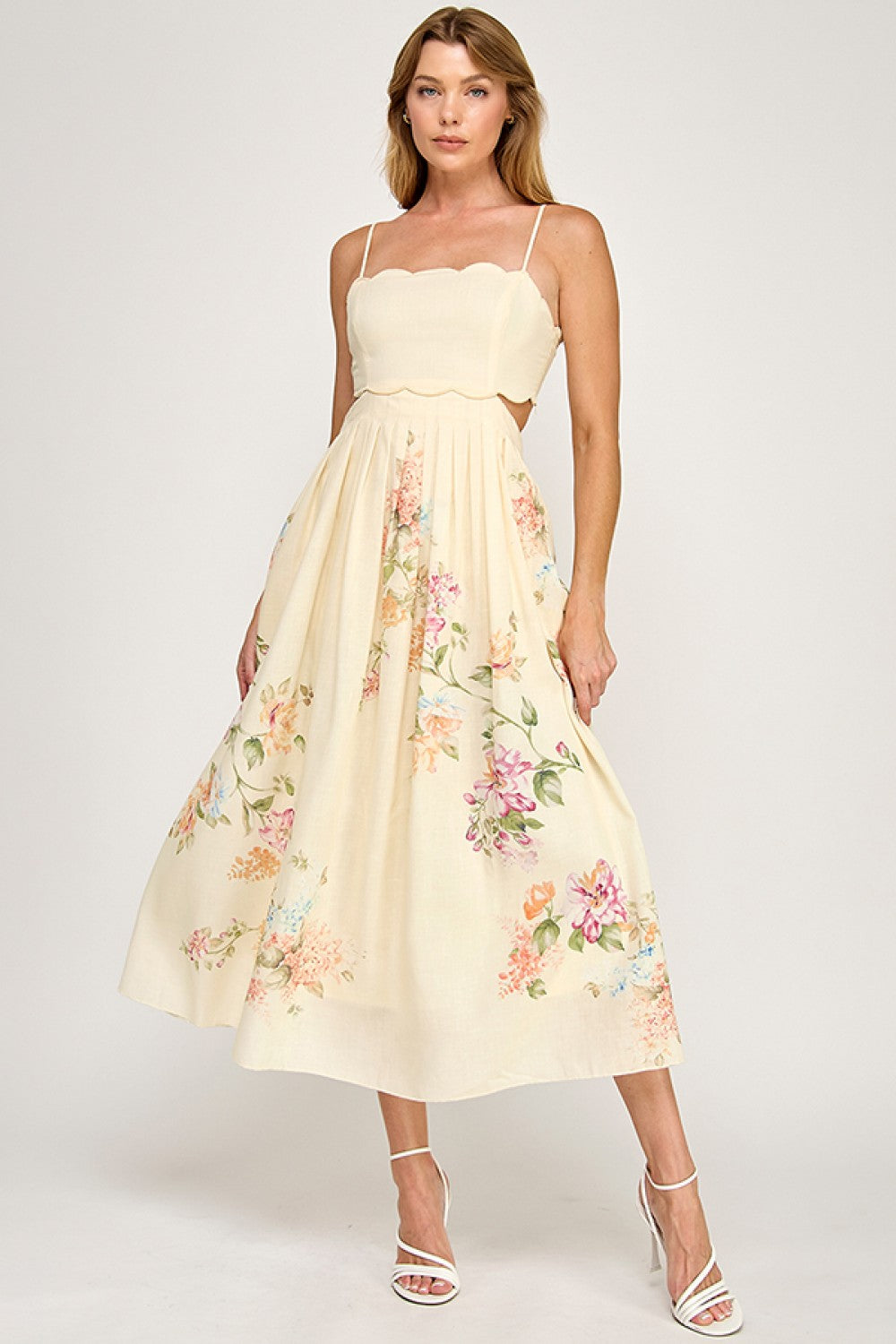 Cream Floral Scallop Dress