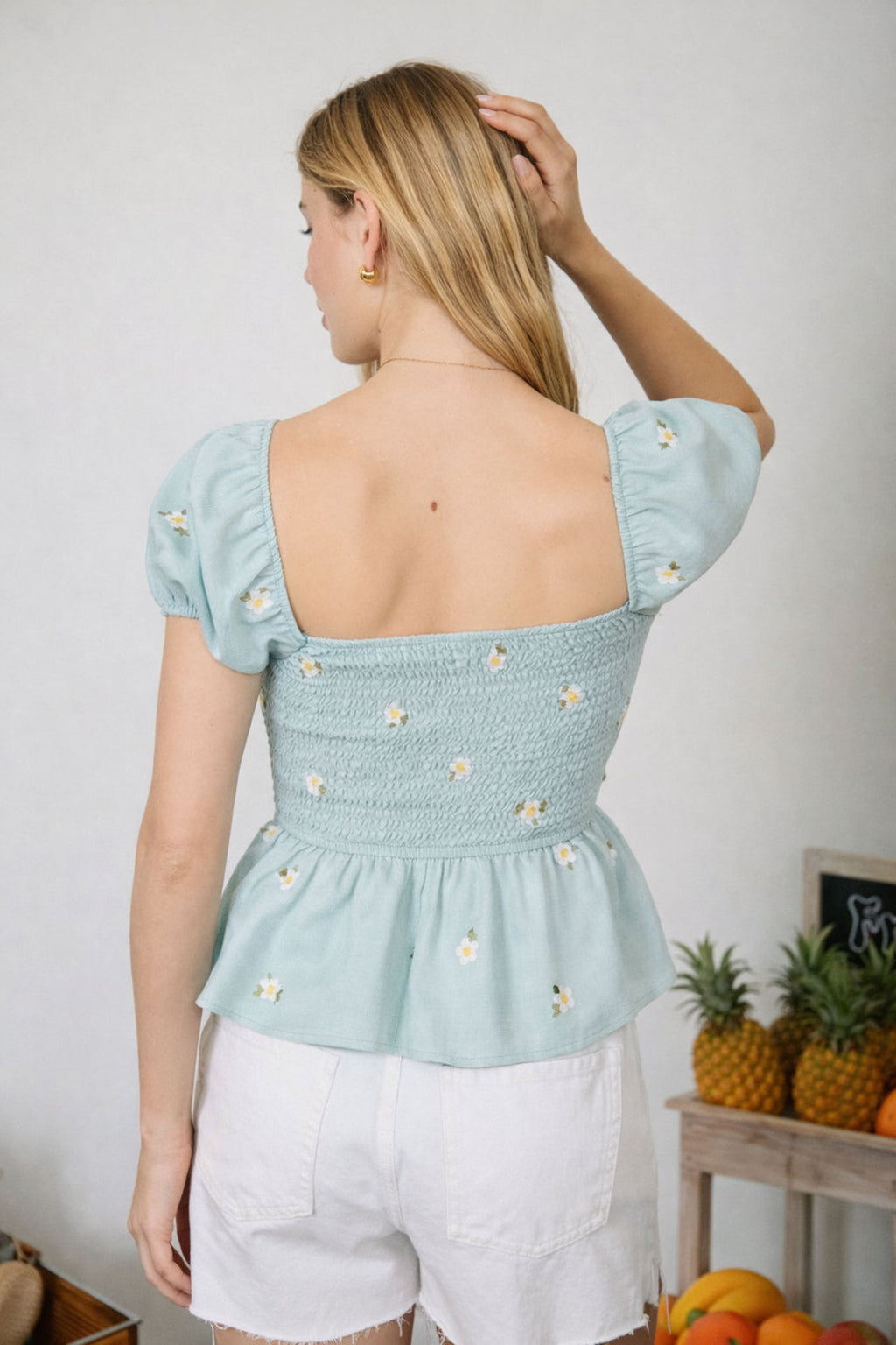 FLORAL EMBROIDERY PUFF SLEEVE SMOCKED TOP