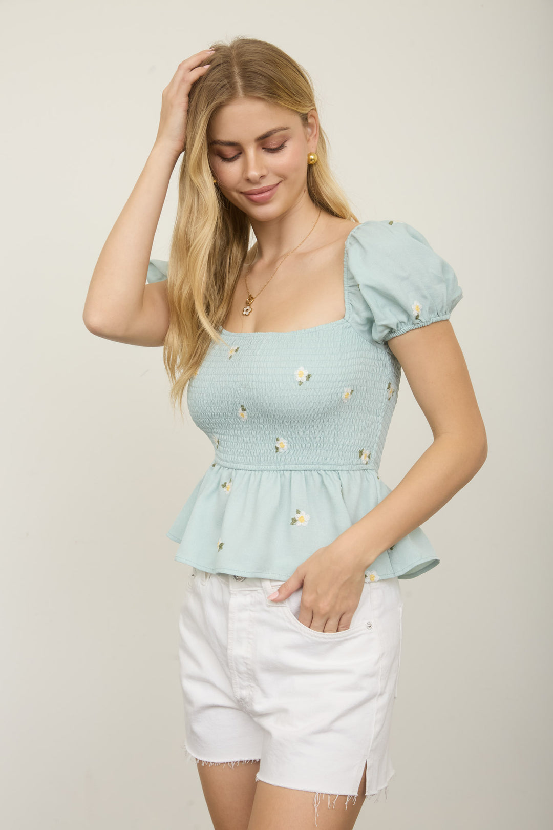 FLORAL EMBROIDERY PUFF SLEEVE SMOCKED TOP