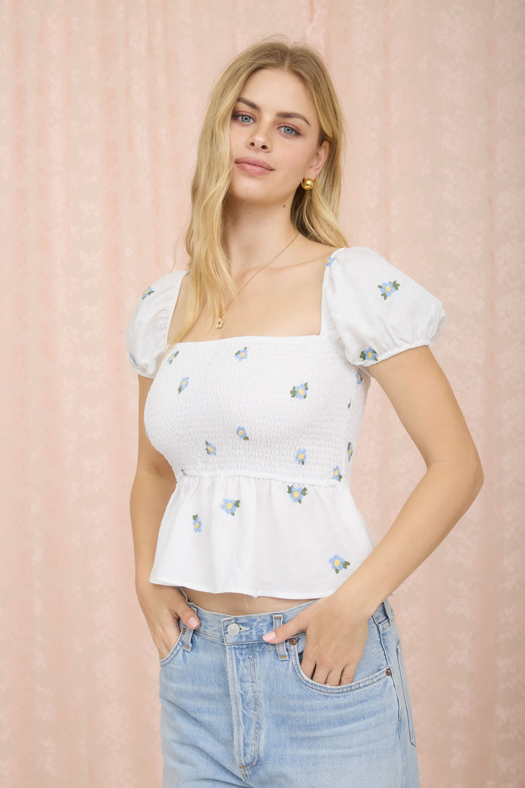 FLORAL EMBROIDERY PUFF SLEEVE SMOCKED TOP