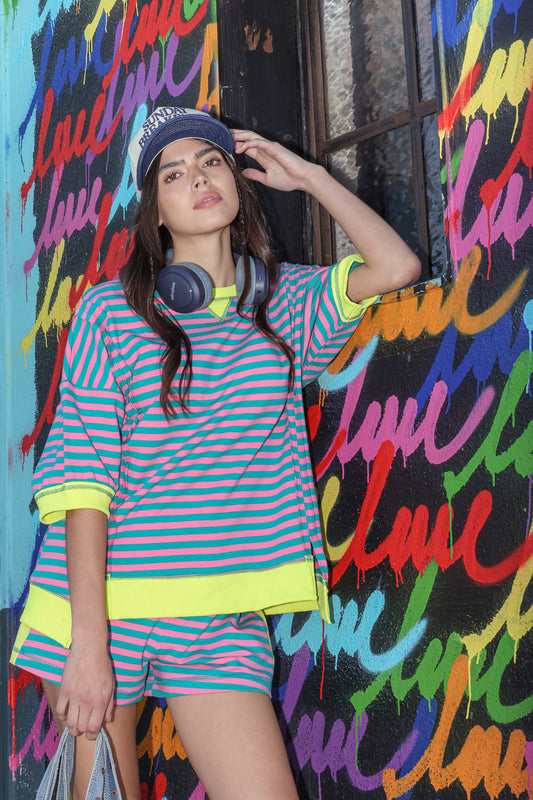 Very J Striped oversized casual knit top with matching lounge shorts.