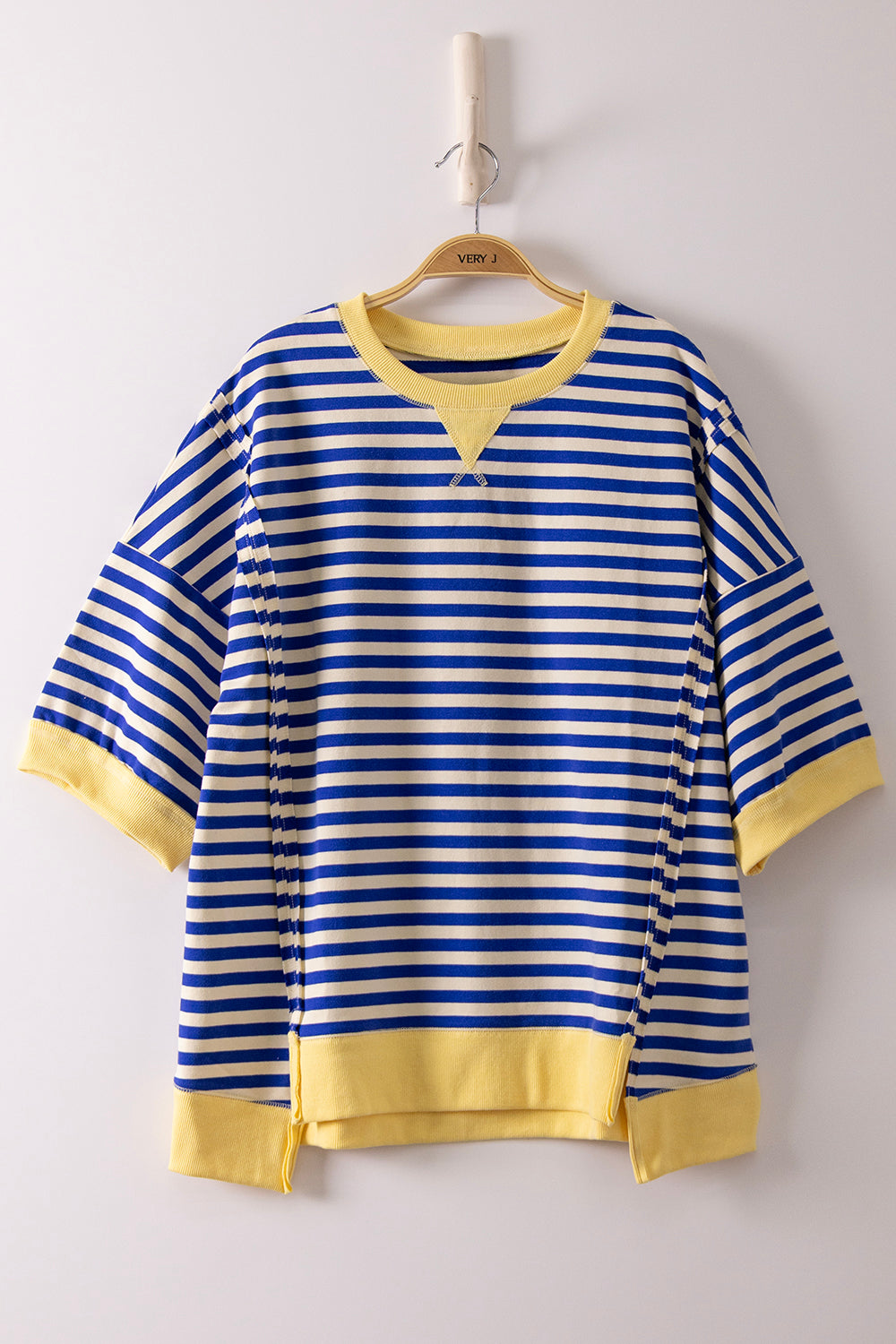 Striped oversized casual knit top with matching lounge shorts.
