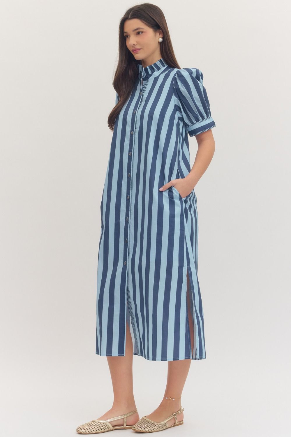 Entro-Stripe print short puff sleeve midi dress.
