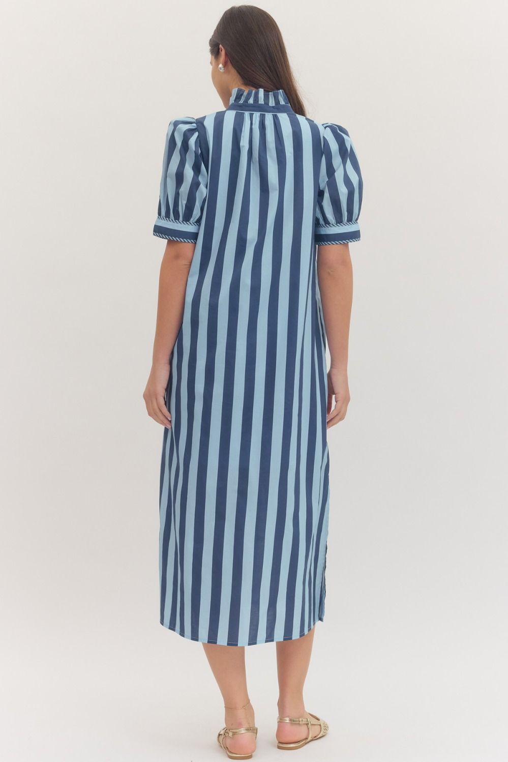 Entro-Stripe print short puff sleeve midi dress.