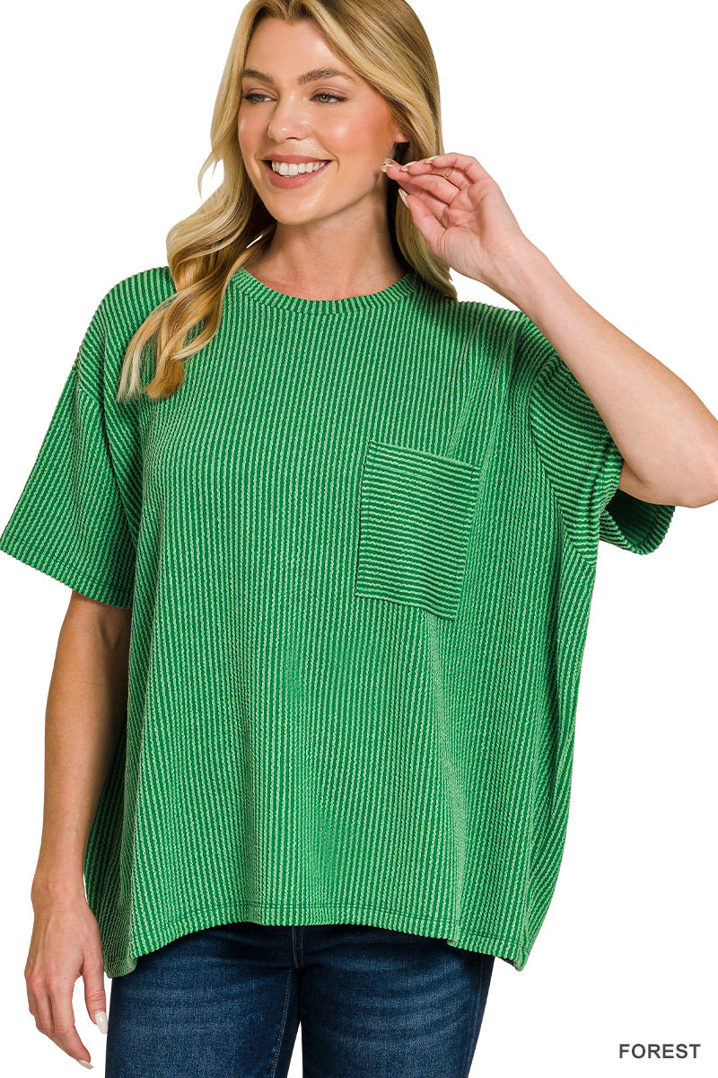 Zenana-RAISED RIB SHORT SLEEVE FRONT POCKET TOP