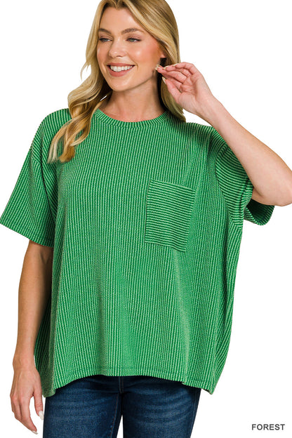 Zenana-RAISED RIB SHORT SLEEVE FRONT POCKET TOP