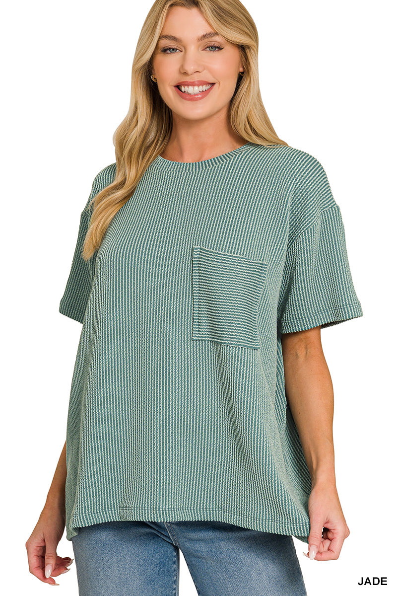 Zenana-RAISED RIB SHORT SLEEVE FRONT POCKET TOP