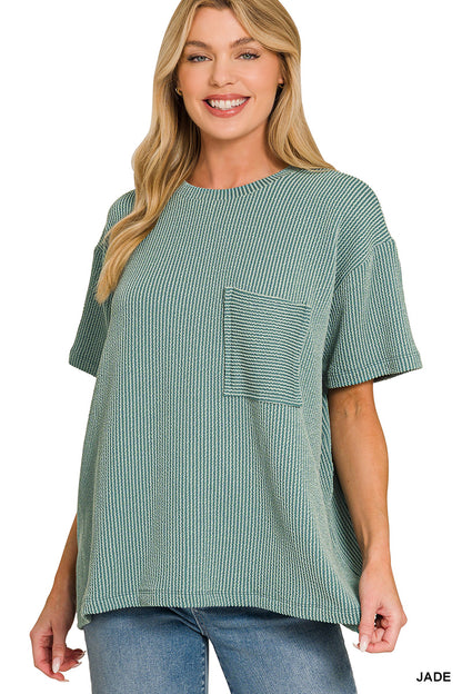 Zenana-RAISED RIB SHORT SLEEVE FRONT POCKET TOP