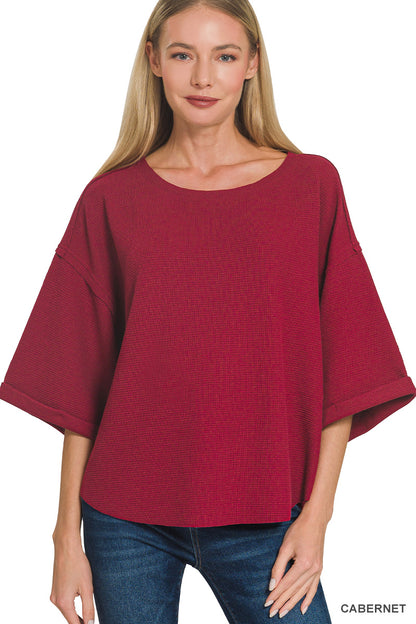 Zenana- DOUBLE KNIT EXPOSED SEAM CURVED HEM SHORT SLEEVE TOP