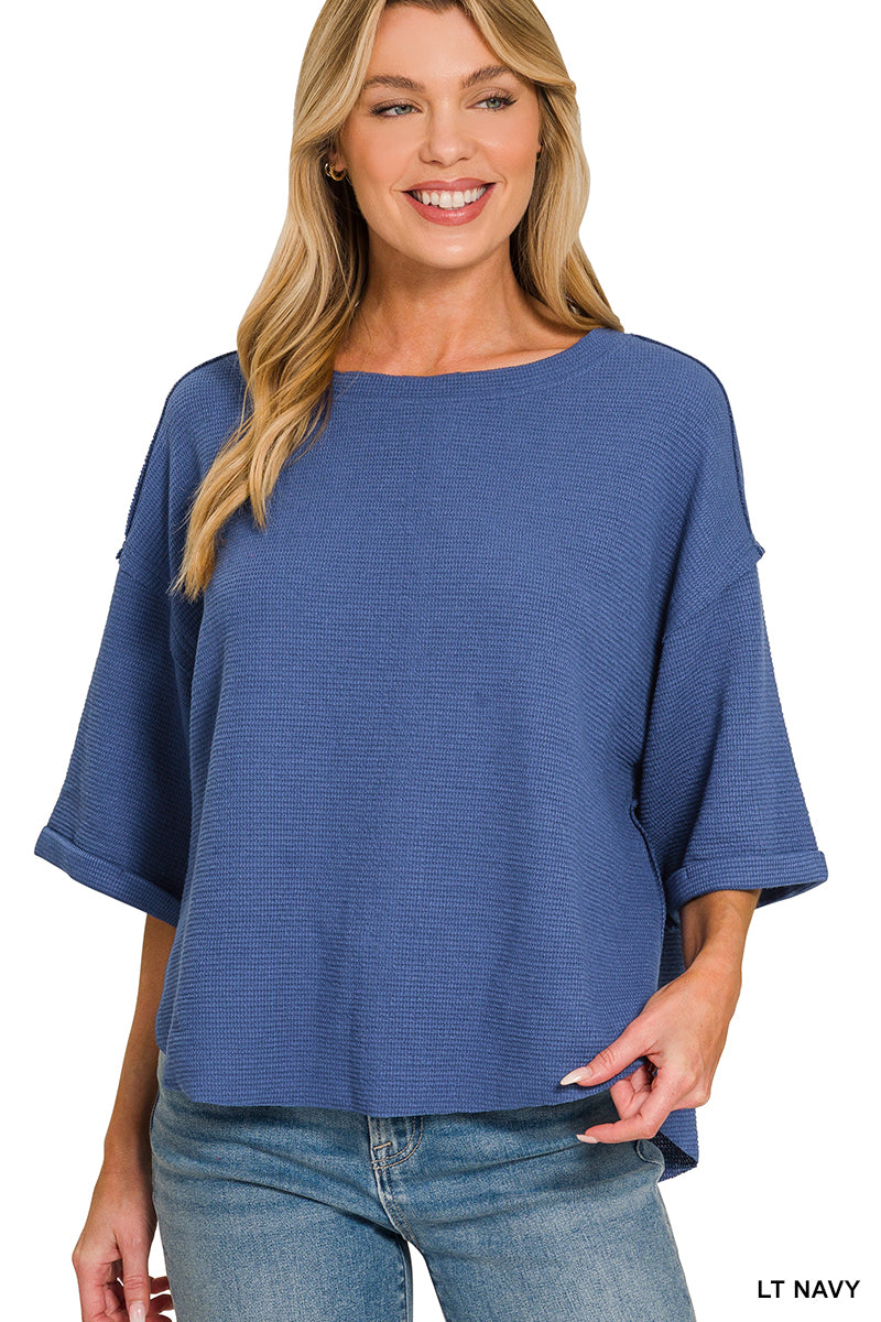 Zenana- DOUBLE KNIT EXPOSED SEAM CURVED HEM SHORT SLEEVE TOP