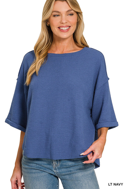 Zenana- DOUBLE KNIT EXPOSED SEAM CURVED HEM SHORT SLEEVE TOP