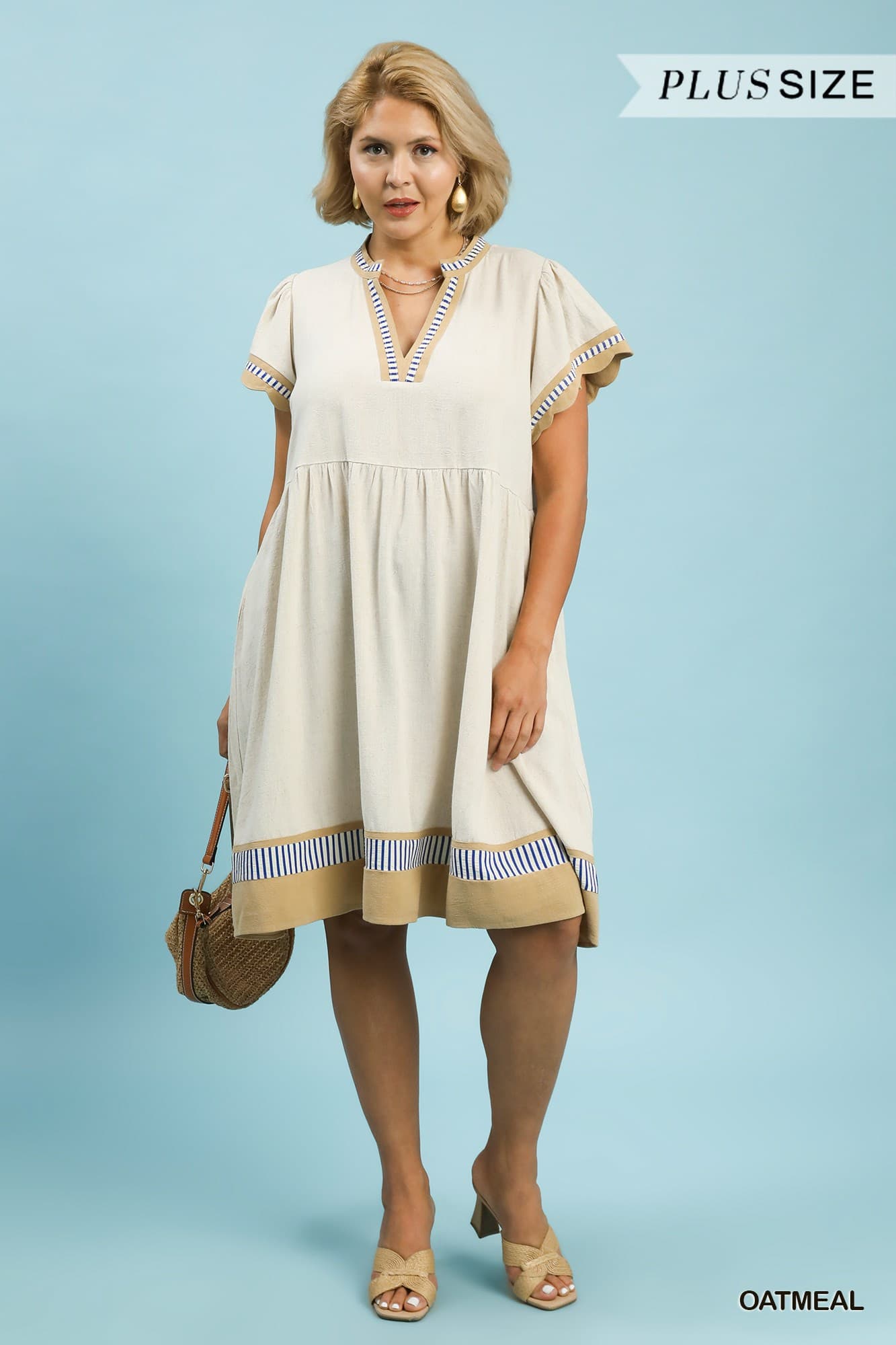 Plus Size Umgee Linen Color Block Flutter Sleeve Dress