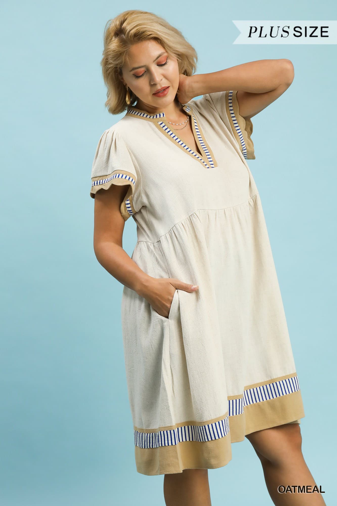 Plus Size Umgee Linen Color Block Flutter Sleeve Dress