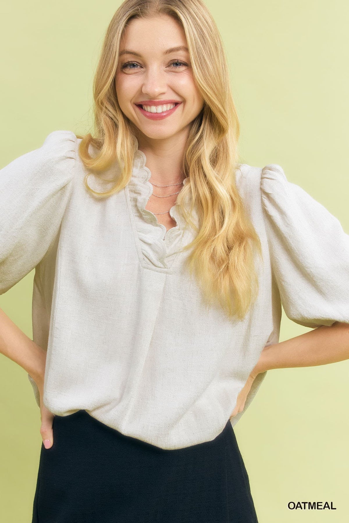 Umgee Linen Scallop Trim V-Neck Top